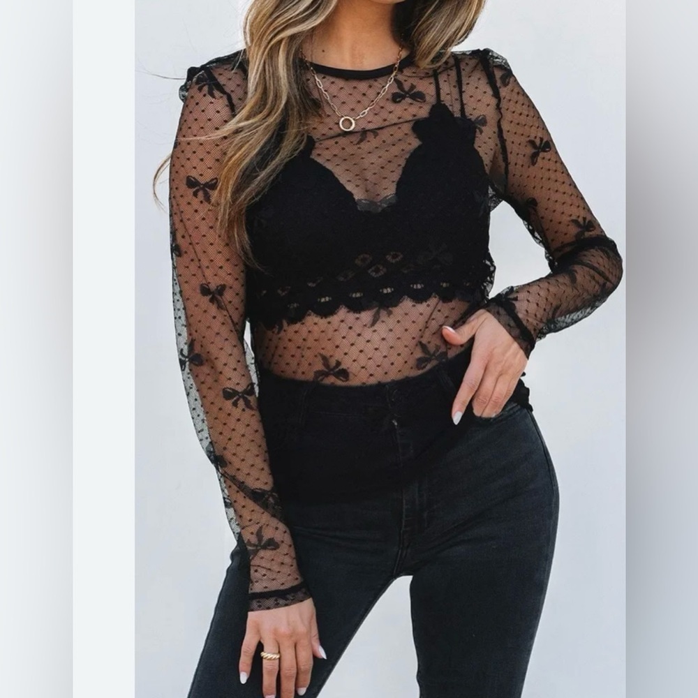 New Lush Black Sheer Lace Blouse size Xs